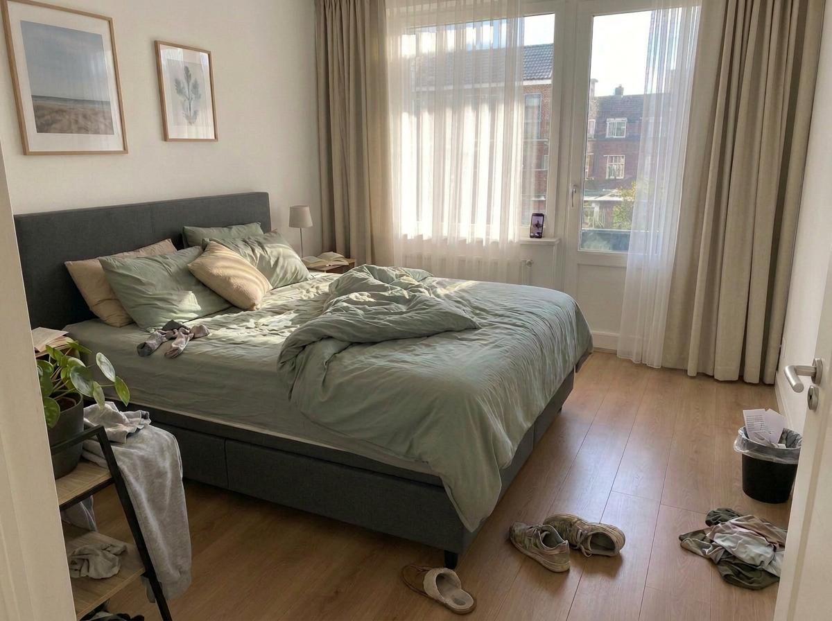 Voor: Opgemaakte slaapkamer met daglicht