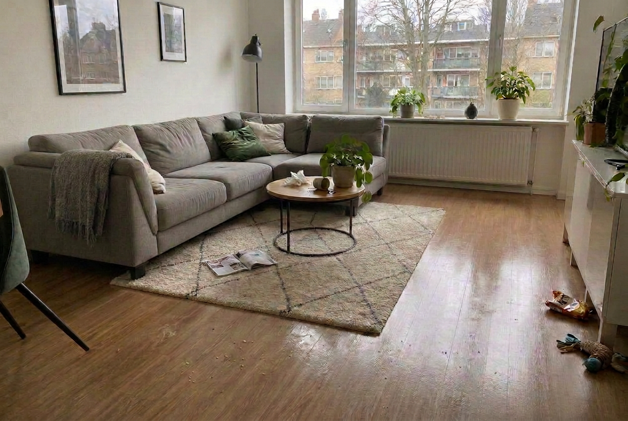 Voor: Opgeleverde woning met houten vloer en daglicht